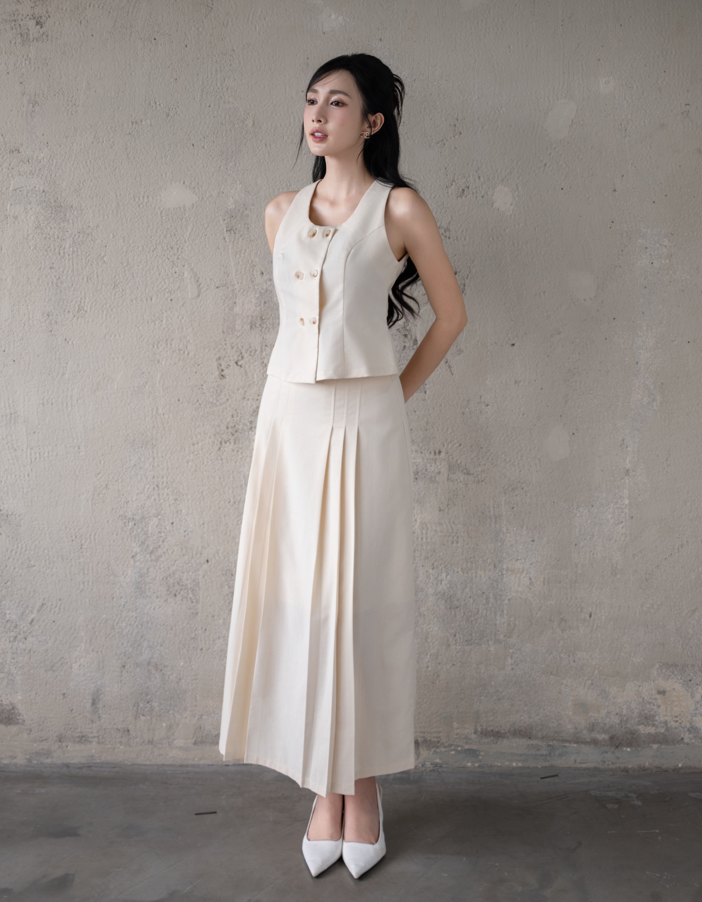 Chân váy dài xếp ly lưng cao dáng chữ A linen hai lớp Sower - CV03