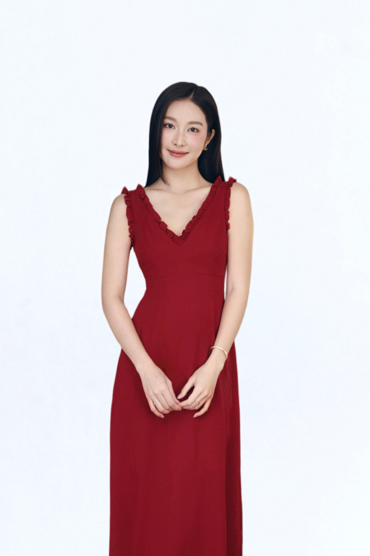 Đầm dài maxi chữ A sát nách Linen thun phối bèo cổ V Sower - D03