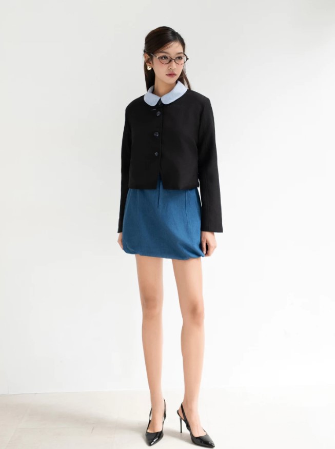 Chân váy bí denim ngắn Sower lót quần bảo hộ cạp cao dáng phồng mini – CV04