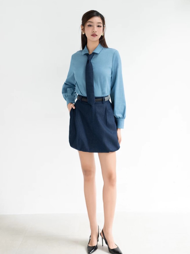 Áo sơ mi denim nữ Sower tay nhún dài form regular cổ bẻ công sở basic – A07